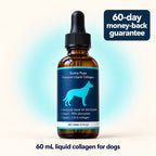 Sunny Pups 60 mL liquid collagen for dogs with a 60-day money-back guarantee.