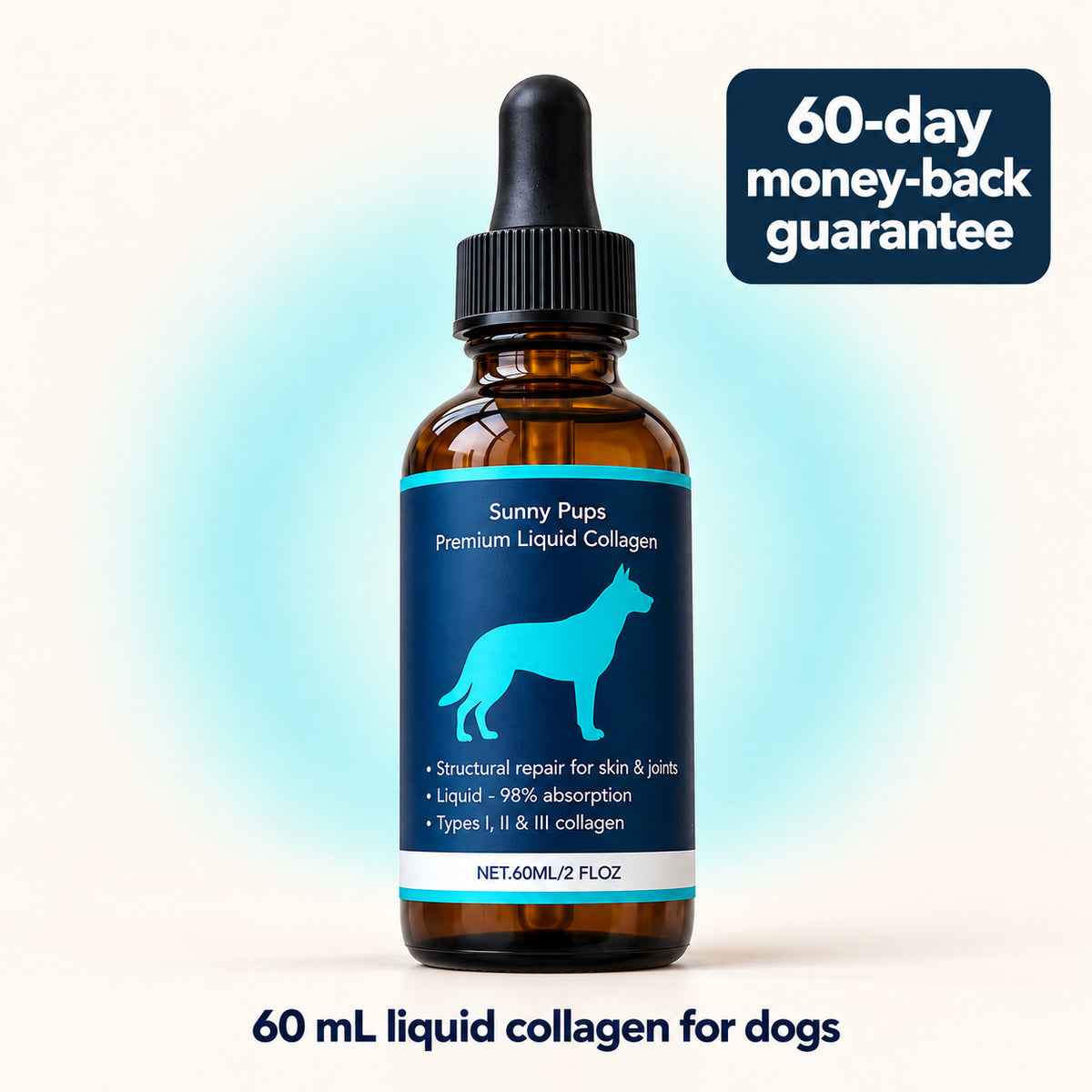 Sunny Pups 60 mL liquid collagen for dogs with a 60-day money-back guarantee.