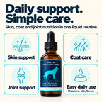 Sunny Pups daily nutritional support for skin, coat and joints, with an easy measure, mix and serve routine.