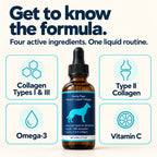 Sunny Pups formula: collagen Types I and III, Type II collagen, omega-3 and vitamin C.